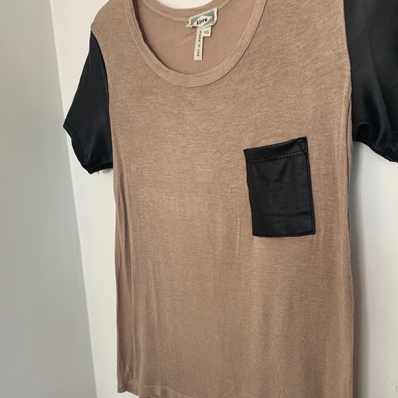 Brown Tee With Black Leather Pocket and Sleeves - Picture 2 of 10